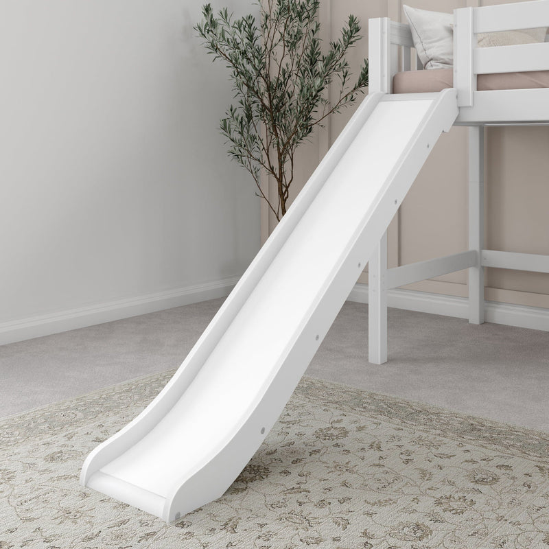 White wooden loft bed with attached slide in a neutral kids' bedroom, beige bedding, indoor plant and patterned rug — modern space-saving children's loft bed for nursery or playroom