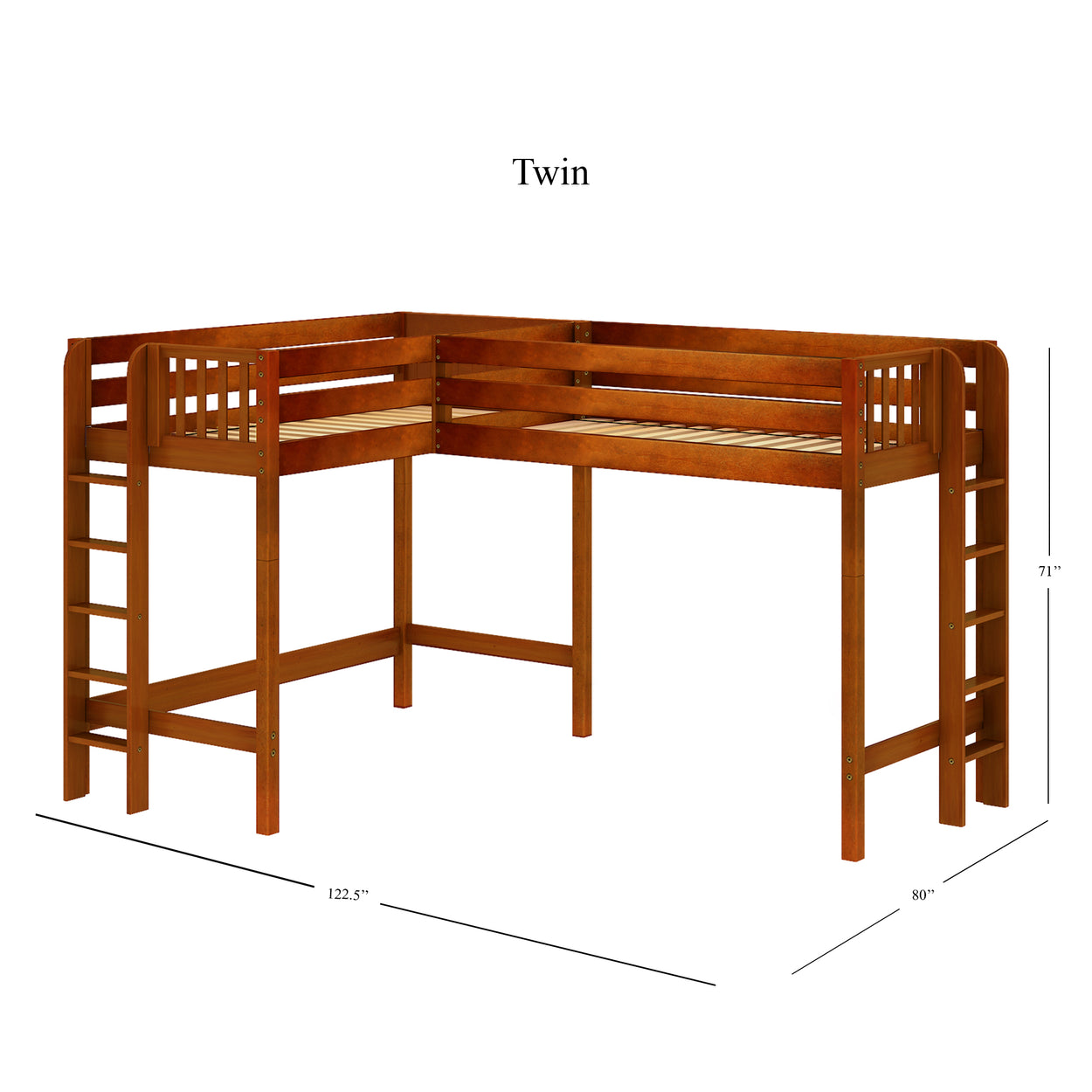Wooden twin L-shaped loft bed with ladder and slatted design, dimensions 71 inches high, 122.5 inches wide, 80 inches long.