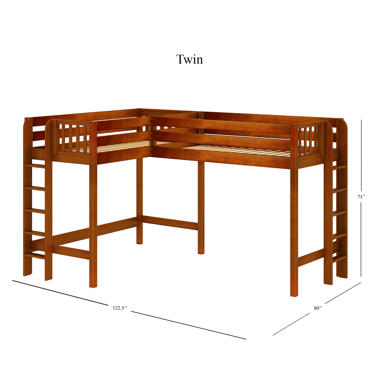 Twin L-shaped wooden loft bed with ladder and safety rails, dimensions 122.5 inches by 80 inches by 71 inches.