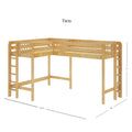 L-shaped twin loft bed in natural wood finish with built-in ladders, guardrails and open under-bed space — dimensions 122.5 in × 80 in × 71 in