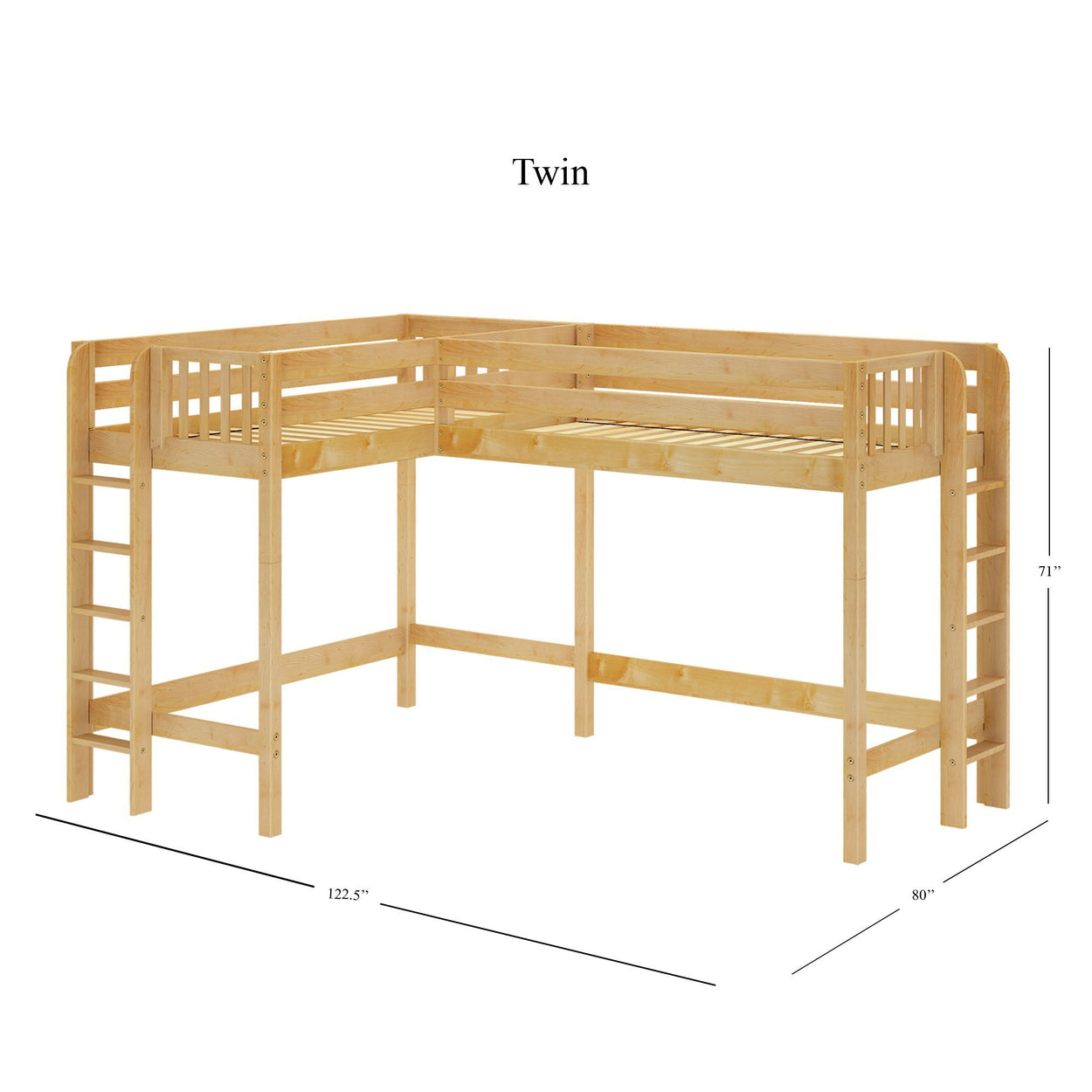 Twin wooden loft bed with ladder, 122.5 inches wide, 80 inches long, and 71 inches tall, ideal for maximizing space in kids' rooms.