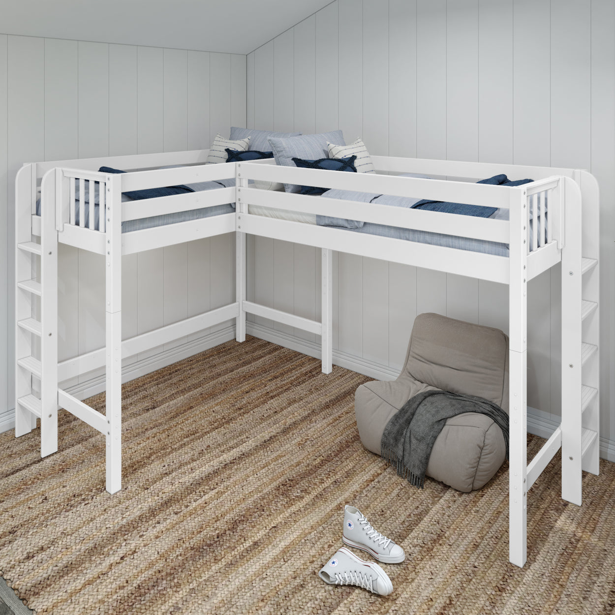 White L-shaped loft bed with ladder in cozy room setting, featuring modern decor and light wood paneling.