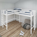 White space-saving corner loft bunk bed with blue linens, pillows, gray beanbag and woven jute rug in kids' bedroom