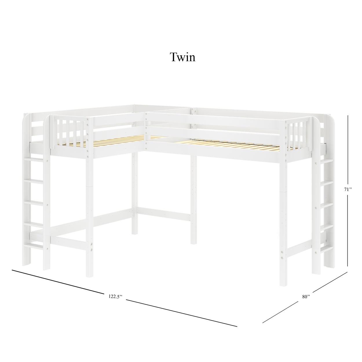White twin L-shaped loft bed with attached ladder and dimensions 122.5" x 80" x 71".