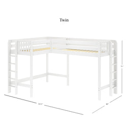 White twin L-shaped loft bed with attached ladder and dimensions 122.5" x 80" x 71".