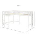 White twin loft bed with L-shaped guardrails, integrated ladder and wooden slat mattress support, high loft design with open under-bed space, dimensions approx 71 in H × 122.5 in L × 80 in D