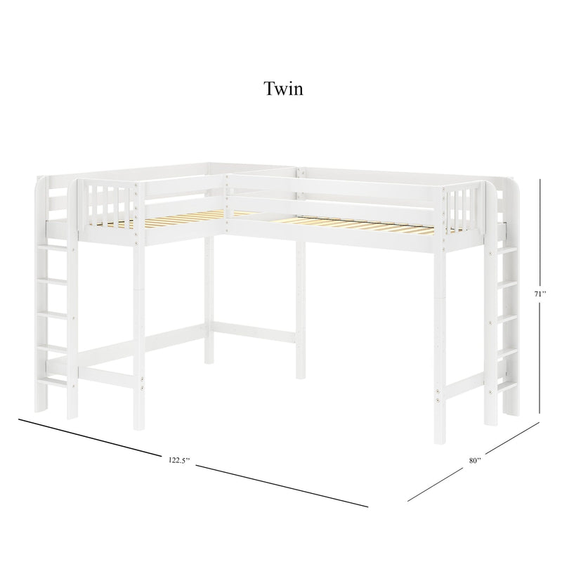 White twin loft bed with L-shaped guardrails, integrated ladder and wooden slat mattress support, high loft design with open under-bed space, dimensions approx 71 in H × 122.5 in L × 80 in D
