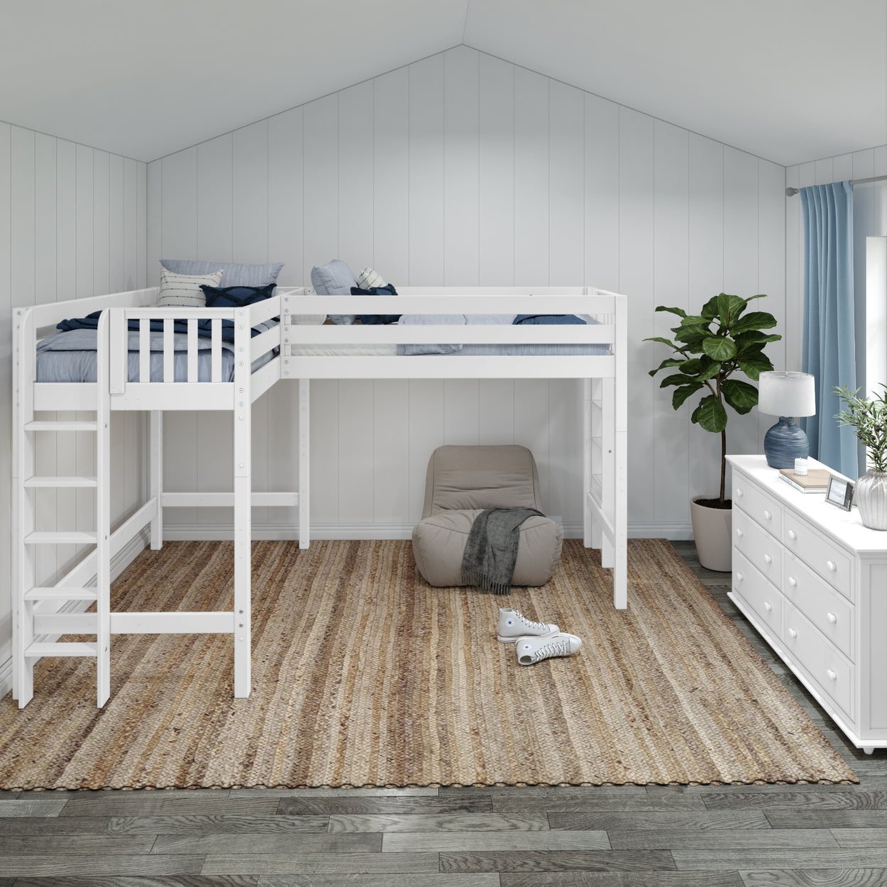 L-shaped white loft bed in a modern bedroom with a cozy bean bag chair, woven rug, and indoor plant décor.
