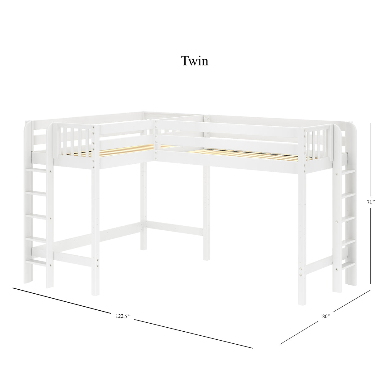 L-shaped white twin loft bed with dimensions, featuring dual ladders and sturdy frame for space-saving bedroom solutions.