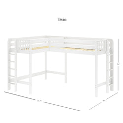 L-shaped white twin loft bed with dimensions, featuring dual ladders and sturdy frame for space-saving bedroom solutions.