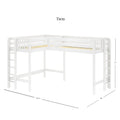 White wooden L-shaped twin loft bed with guardrails and built-in ladders, slatted mattress supports, shown with dimensions 122.5 in × 80 in footprint and 71 in height