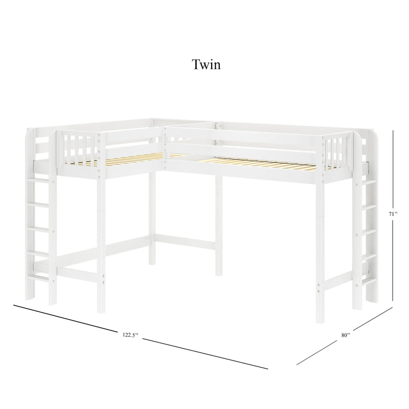White wooden L-shaped twin loft bed with guardrails and built-in ladders, slatted mattress supports, shown with dimensions 122.5 in × 80 in footprint and 71 in height