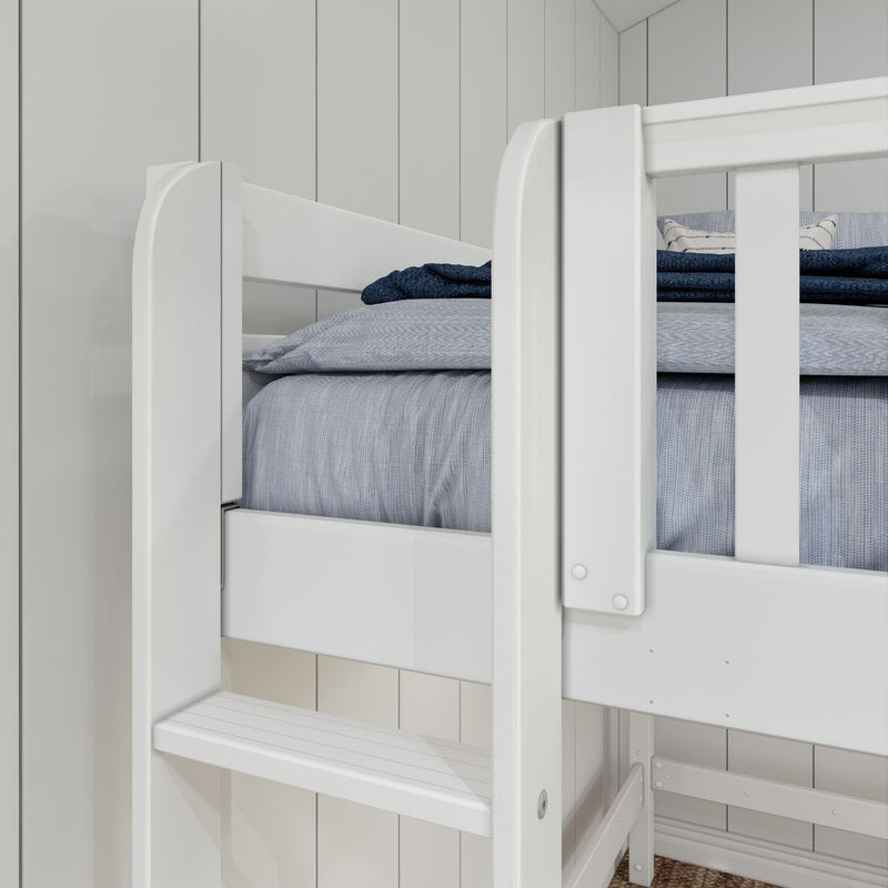 Close-up of white wooden bunk bed guardrail and ladder with blue-gray bedding against light gray shiplap wall in a modern kids' bedroom
