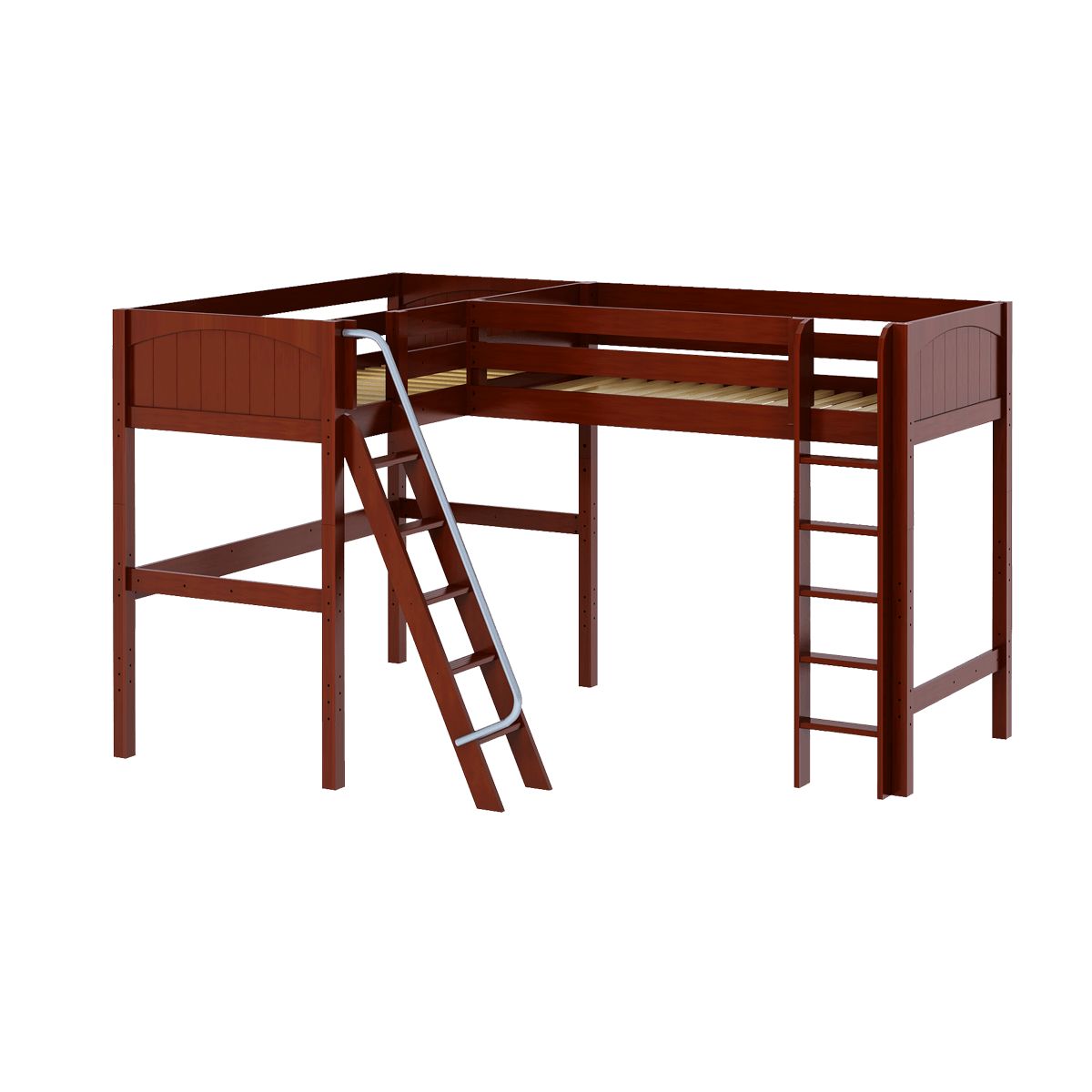 Wooden loft bed frame with attached ladder and dark finish, ideal for maximizing space in kids' rooms.