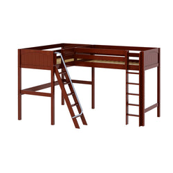 Wooden loft bed frame with attached ladder and dark finish, ideal for maximizing space in kids' rooms.