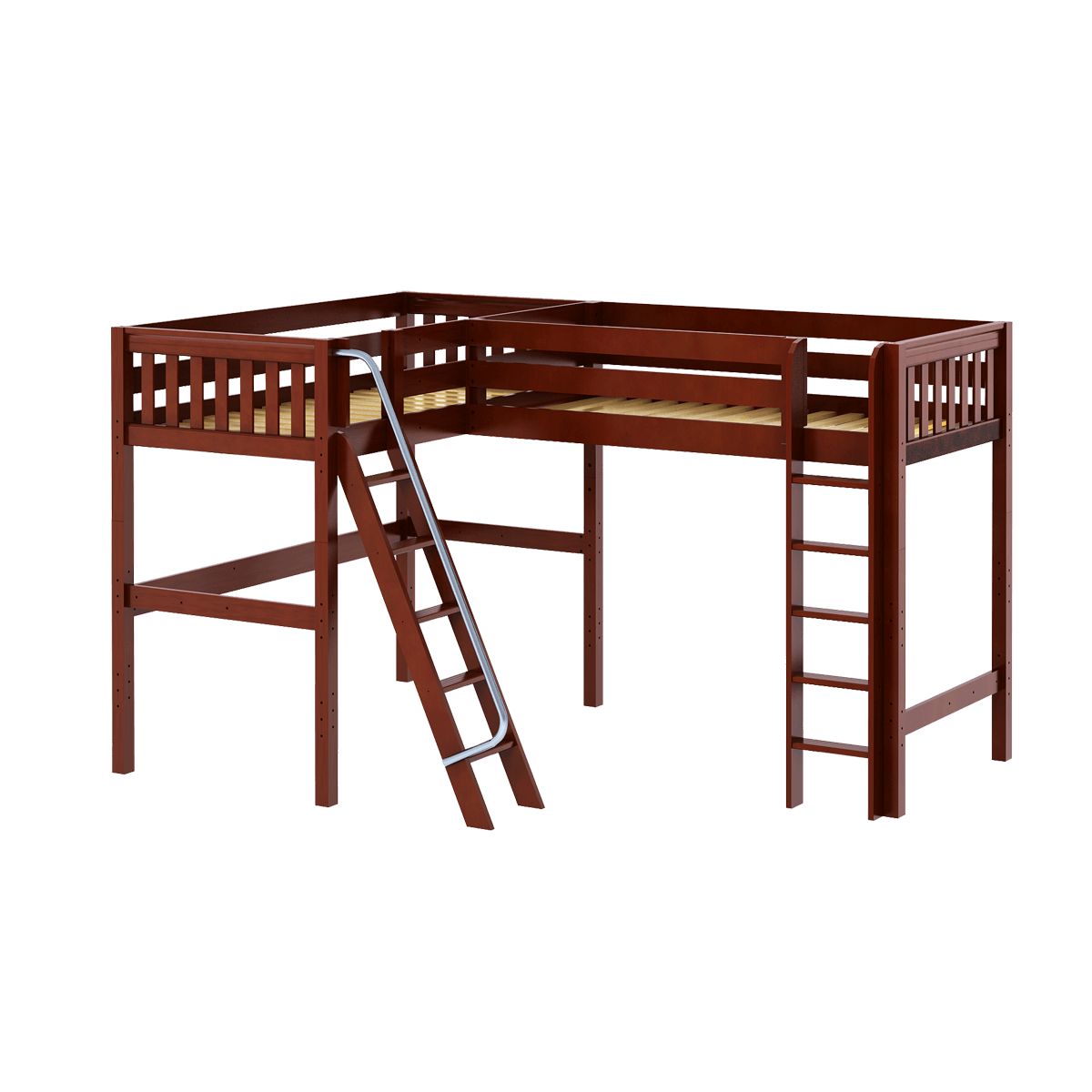 L-shaped wooden loft bed with ladders and brown finish for kids' room.