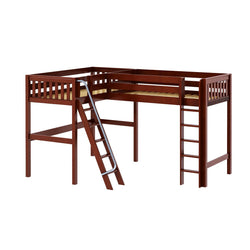 L-shaped wooden loft bed with ladders and brown finish for kids' room.