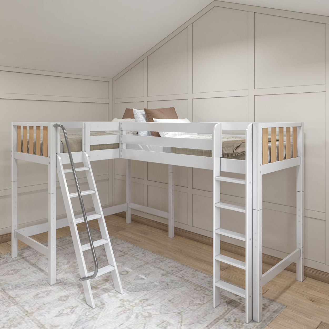 White loft bed with staircase and ladder in a spacious room with wood flooring and neutral wall panels.
