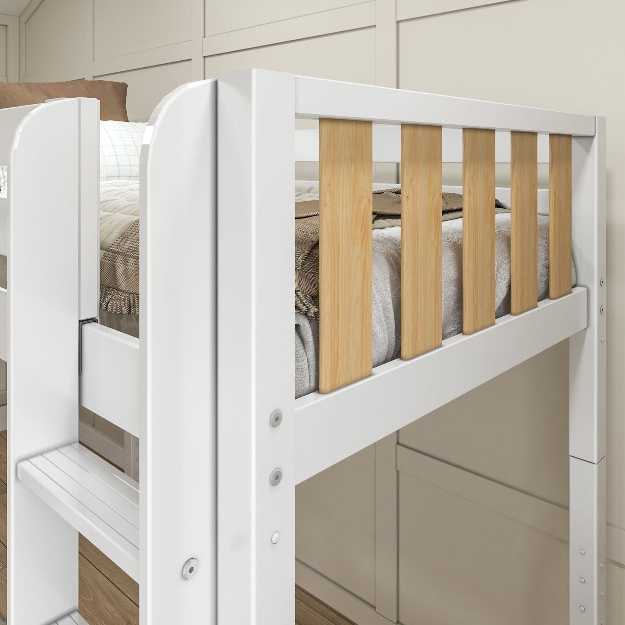 White and wood bunk bed with cozy bedding in modern room setting.
