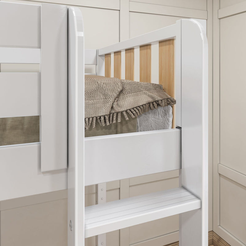 White wooden bunk bed close-up with natural wood slats and a beige knitted throw blanket in a farmhouse-style kids' bedroom