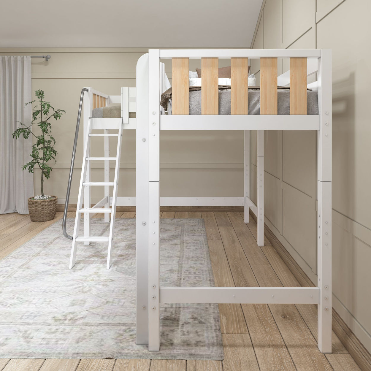 White wooden loft bed with natural wood accents and ladder in modern bedroom design.
