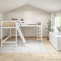 White loft bunk bed in neutral children's bedroom with ladder, beige pillows, paneled accent wall, white dresser, potted plant and sunlit window