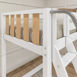 Modern loft bed with wooden slats and white frame, featuring a cozy mattress and integrated ladder in a contemporary bedroom.