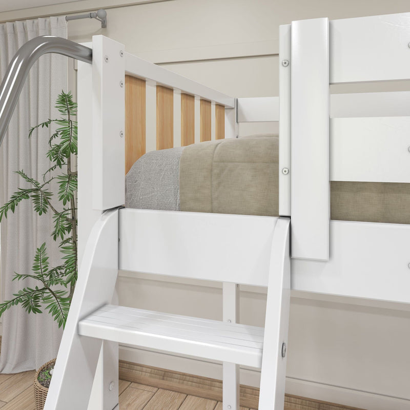 Close-up of white wooden bunk bed ladder and safety guardrail with built-in steps, neutral beige bedding and potted plant in a modern kids' bedroom