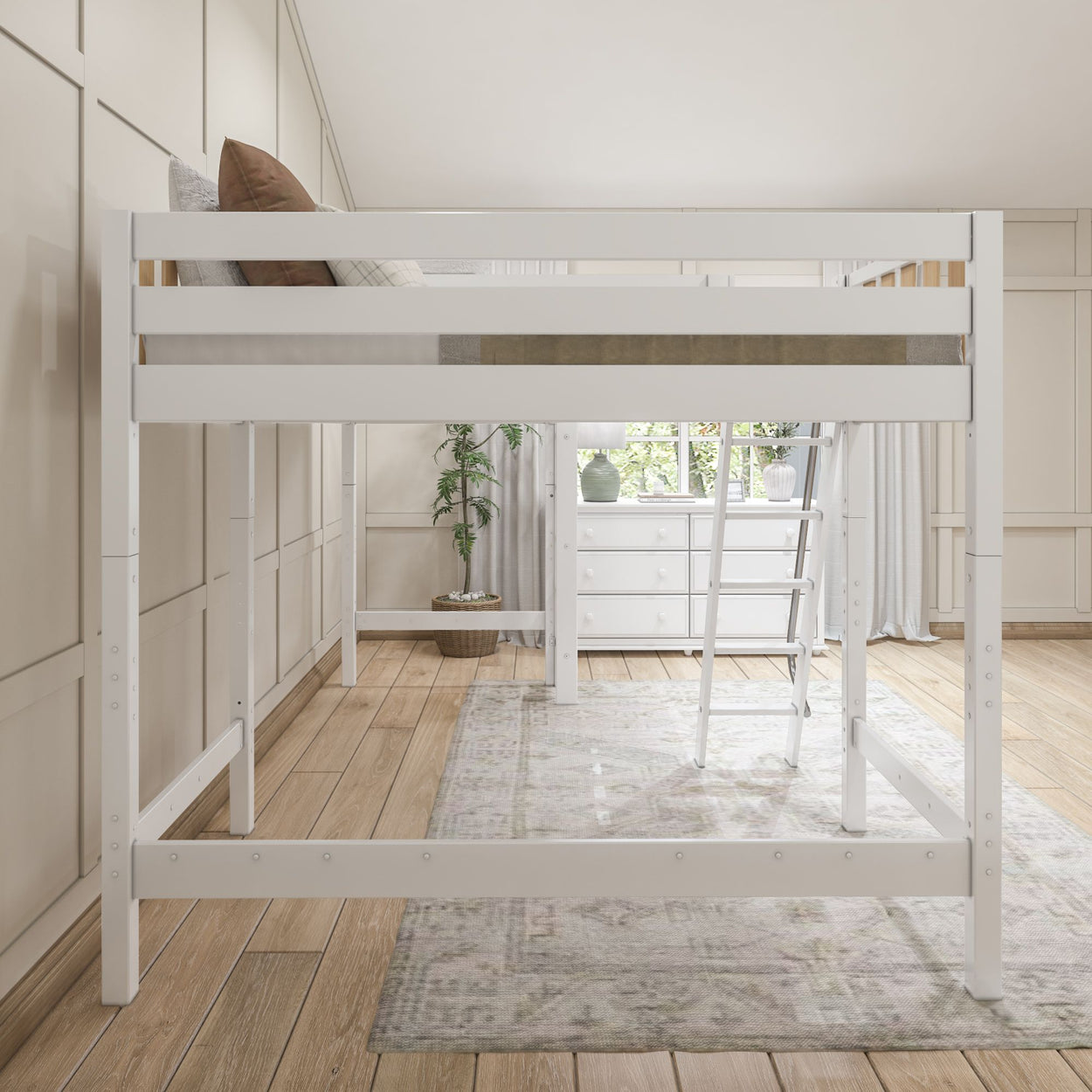 White loft bed with ladder in minimalist bedroom featuring wood floors and large window.