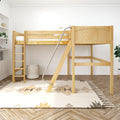 Natural wood loft bunk bed with ladder against white wall in minimalist kids' room with patterned rug and woven basket