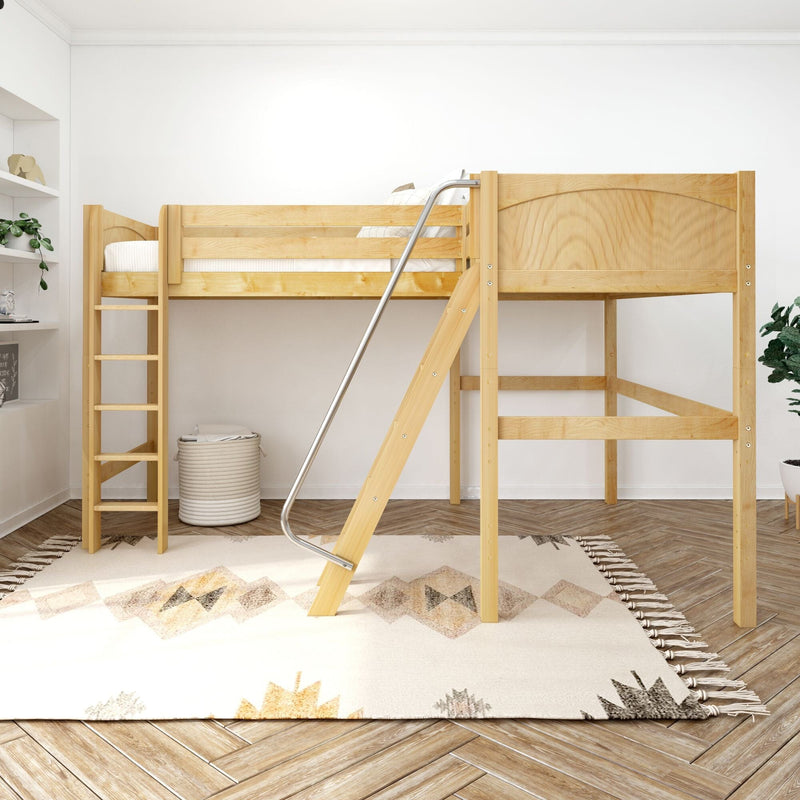 Natural wood loft bunk bed with ladder against white wall in minimalist kids' room with patterned rug and woven basket
