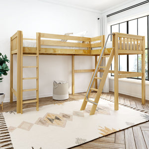Natural wood loft bunk bed with angled ladder, white bedding and patterned rug in a bright modern kids' bedroom by large window