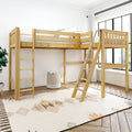Natural wood loft bunk bed with angled ladder, white bedding and patterned rug in a bright modern kids' bedroom by large window