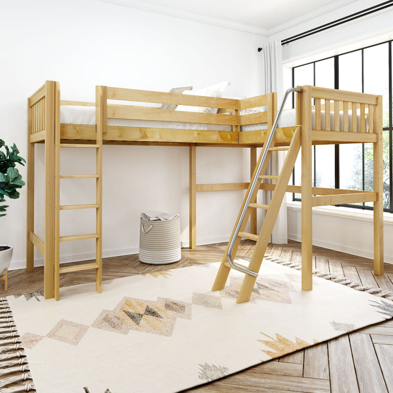 Natural wood loft bunk bed with angled ladder, white bedding and patterned rug in a bright modern kids' bedroom by large window