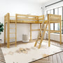 Natural wood loft bunk bed with angled ladder, white bedding and patterned rug in a bright modern kids' bedroom by large window