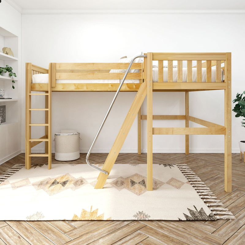 Minimalist natural wood loft bunk bed with ladder in a bright children's bedroom, neutral bedding, woven storage basket, potted plant and patterned rug