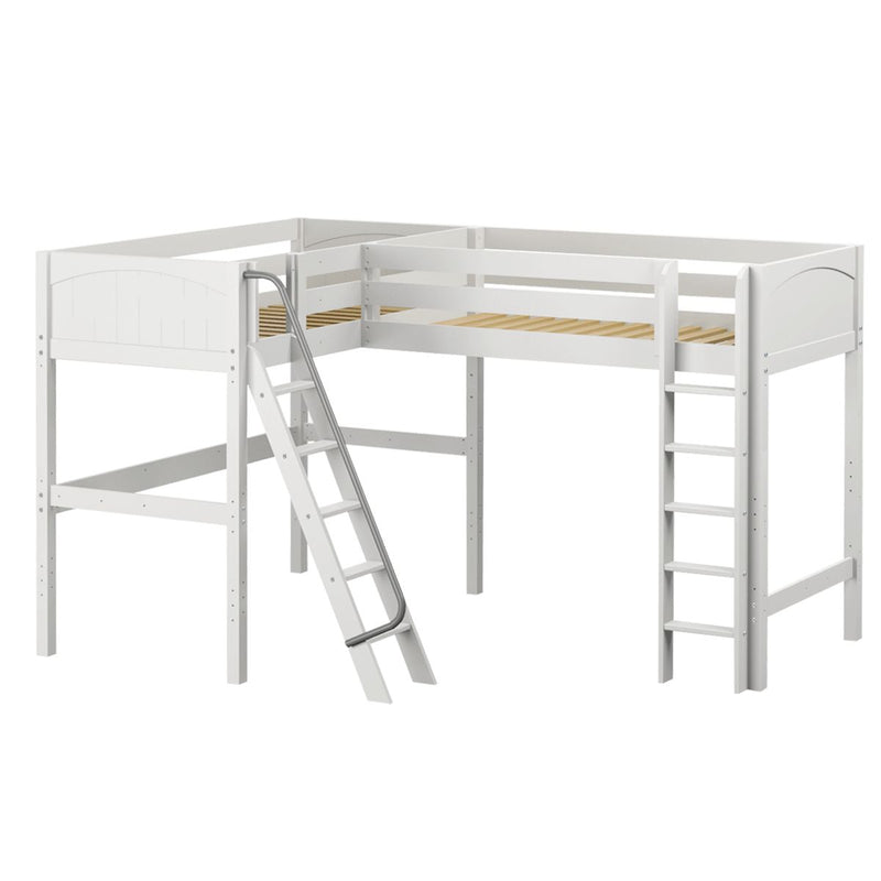 White L-shaped loft bunk bed with raised platforms, angled and vertical ladders, safety guardrails and wooden slat mattress supports — space-saving children's bedroom furniture