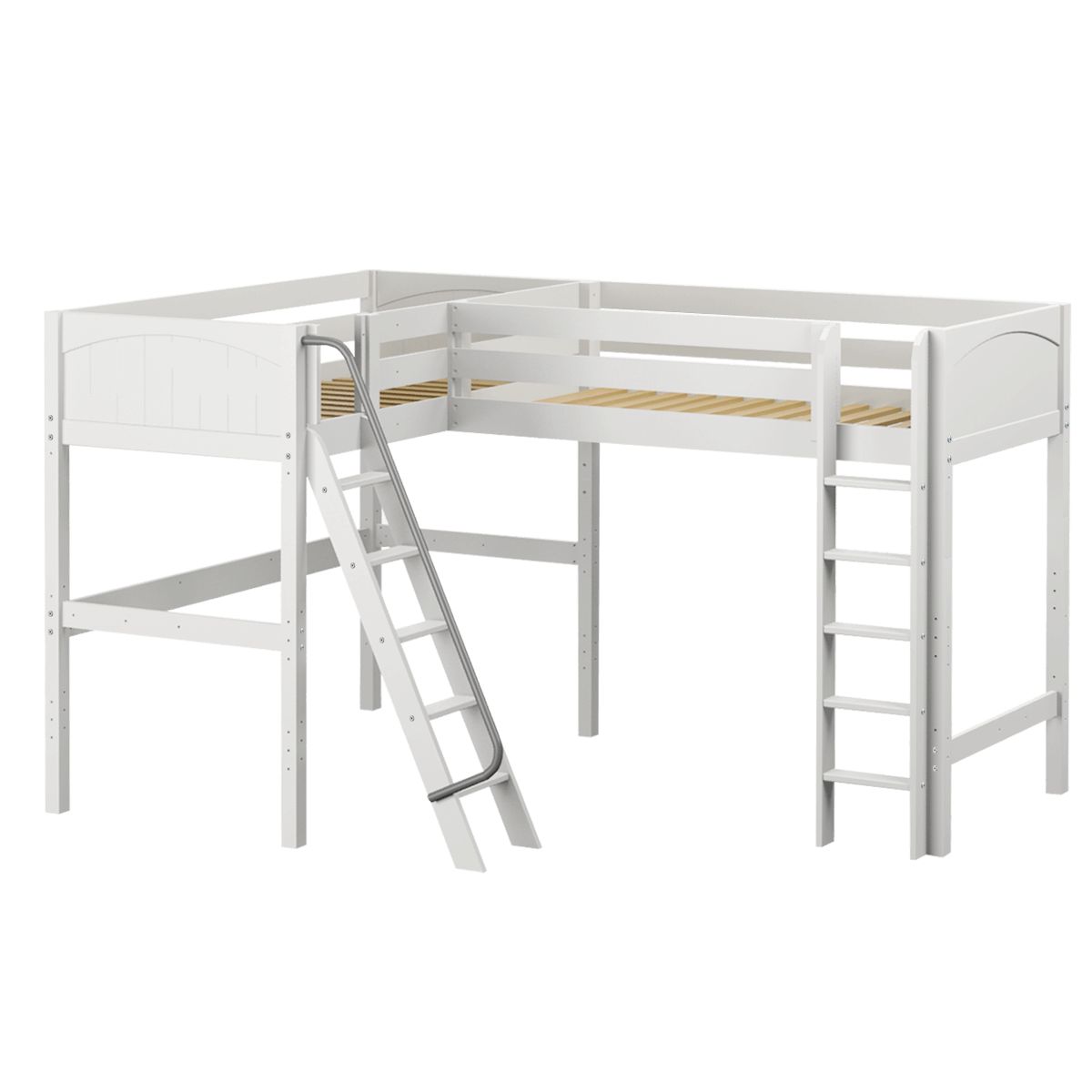 White wooden L-shaped loft bunk bed with ladder for children’s bedroom.
