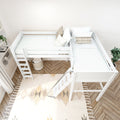 White loft bunk bed with ladder in bright minimalist kids' bedroom, neutral striped bedding, decorative pillows, herringbone wood floor and boho rug.