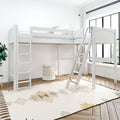 White wooden loft bunk bed with ladder in bright modern kids' bedroom featuring a neutral geometric rug, woven storage basket and large windows