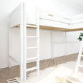 White wooden loft bed with ladder and slatted mattress platform in a bright minimalist bedroom with herringbone wood floor and patterned rug