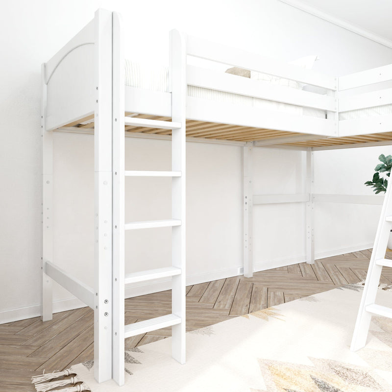 White wooden loft bed with ladder and slatted mattress platform in a bright minimalist bedroom with herringbone wood floor and patterned rug