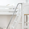 Modern white loft bed with built-in ladder, stainless steel handrail and safety guardrail, neutral pillows and bedding in bright bedroom