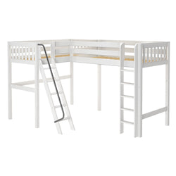 White wooden L-shaped loft bed with twin slatted platforms, safety rails and angled ladder with handrail — space-saving kids loft bed frame