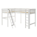 White wooden L-shaped loft bed with twin slatted platforms, safety rails and angled ladder with handrail — space-saving kids loft bed frame
