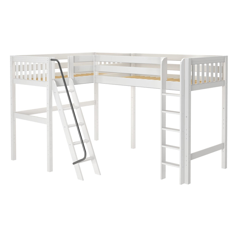 White wooden L-shaped loft bed with twin slatted platforms, safety rails and angled ladder with handrail — space-saving kids loft bed frame