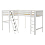 White wooden L-shaped loft bed with twin slatted platforms, safety rails and angled ladder with handrail — space-saving kids loft bed frame