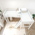 Top-down view of a white wooden loft bunk bed in a kids' bedroom with twin mattresses, textured pillows, boho rug, ladder and potted plants.