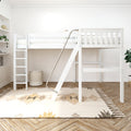 White loft bed with ladder in modern minimalist kids' bedroom, neutral nursery decor with woven rug, herringbone wood floor, shelving and potted plants.