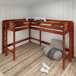 Wooden loft bunk bed with mattress in a modern bedroom, featuring a striped rug and casual seating area for optimal space-saving solutions.
